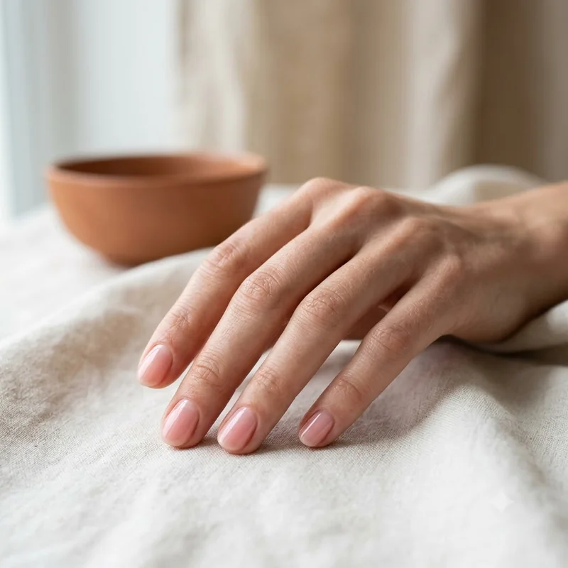 Clean short natural nails with a healthy nail fold and soft sheer pink gel finish, styled as a skin-safe gel wear example