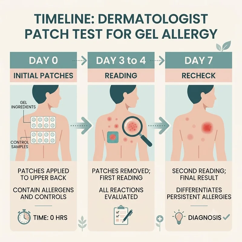 Timeline infographic of a dermatologist patch test for gel allergy, from day 0 patches to day 3 and 4 reading, day 7 recheck
