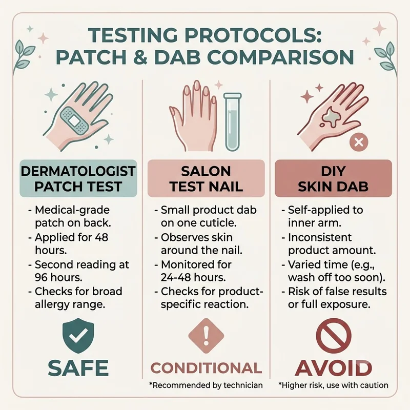 Infographic comparing a dermatologist patch test, a salon test nail, and a DIY skin dab with safe, conditional, avoid markers