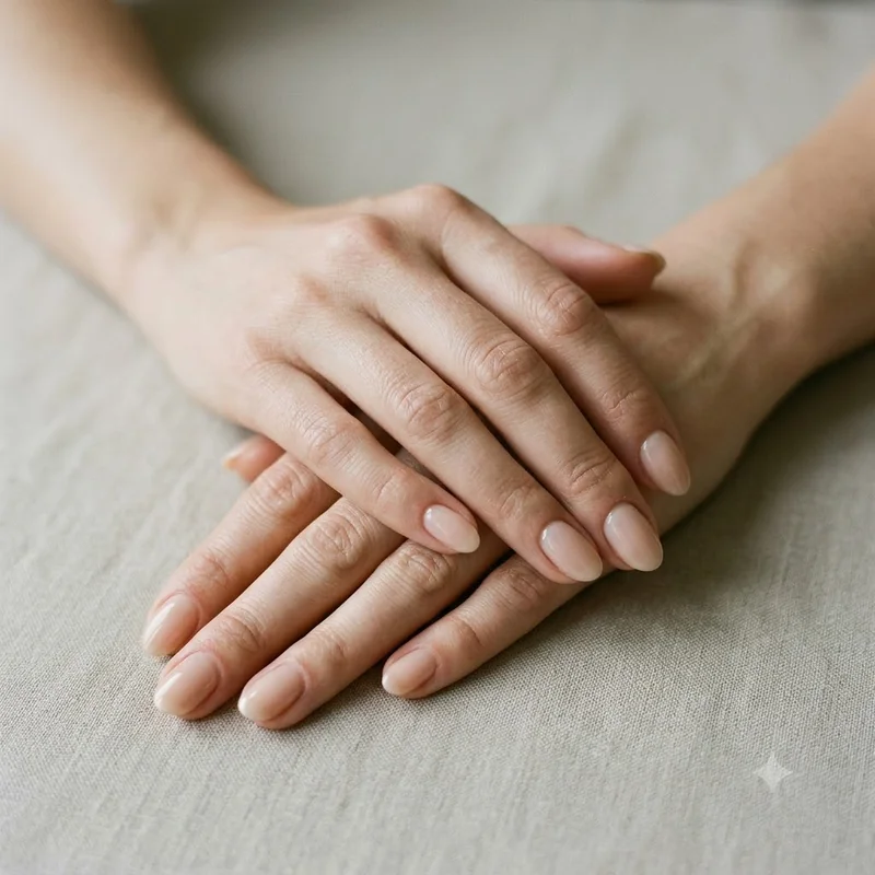 Calm manicured hands resting on a neutral surface in soft light, a reassuring image for a nail clipping test appointment