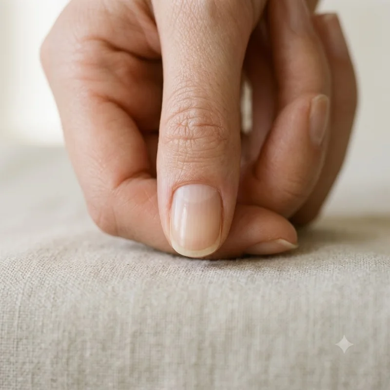 Close-up of a healthy natural nail with a smooth plate in soft neutral tones, a calm baseline for judging any nail changes