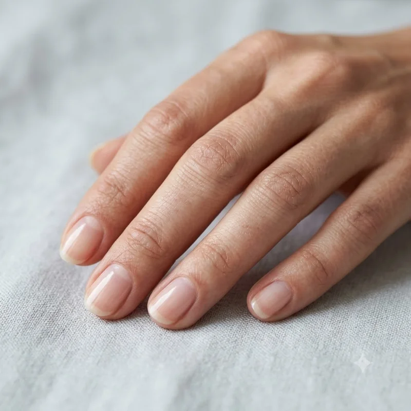 Soft polished bare nails with a healthy natural shine and a clean short oval shape, the healthy nail goal to work toward