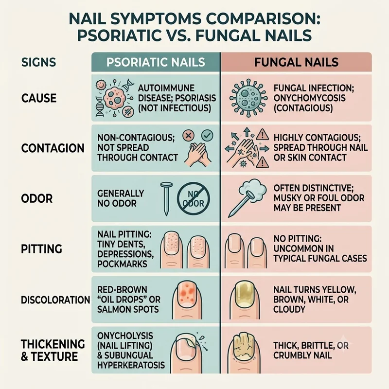 Comparison infographic of psoriatic nail versus fungal nail signs covering cause, contagion, odor, and typical visual tells