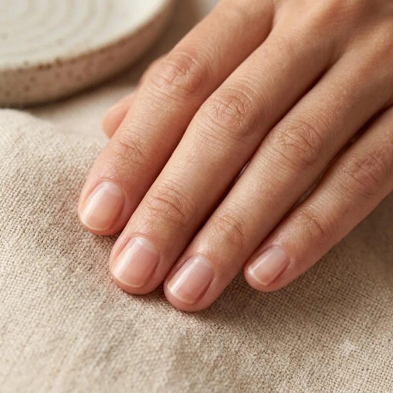 Neat glossy nude manicure on short oval nails with cuticles left intact, a gentle salon finish that protects the nail fold