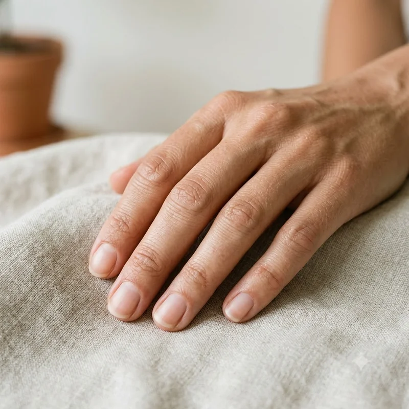 Resting hand with short clean natural nails and calm skin around each nail fold, a baseline for healthy cuticles and nails