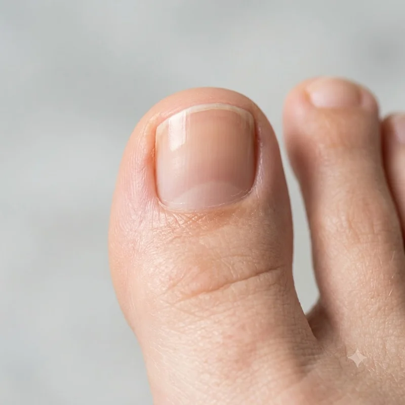 Close-up of a healthy slightly narrow natural big toenail with smooth healed skin along the nail border after nail surgery