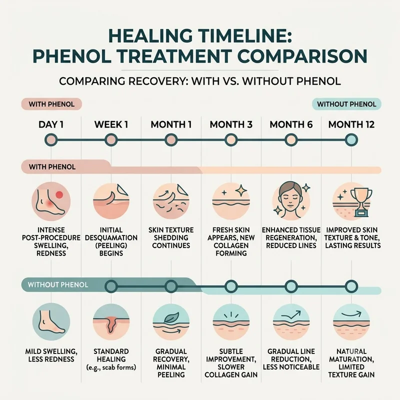 Partial nail avulsion healing time chart showing recovery stages from day one to twelve months, both with and without phenol