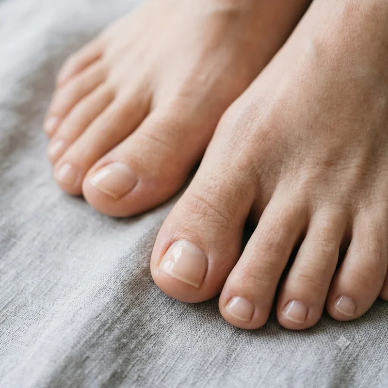 Toenails in sheer nude polish with calm editorial styling, showing when polish is safe again after ingrown toenail surgery