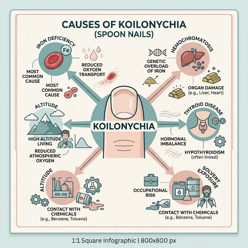 Koilonychia causes infographic mapping iron deficiency, hemochromatosis, thyroid disease, solvent exposure, and altitude