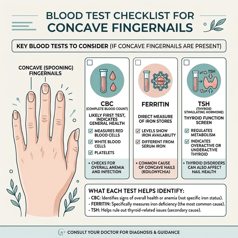 Blood test checklist infographic for concave fingernails listing a CBC, ferritin, and TSH with what each result shows you