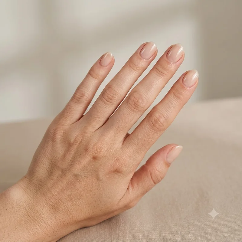 Short natural oval nails in a soft sheer beige gel finish, a gentle manicure look for thin, concave, fragile nail plates