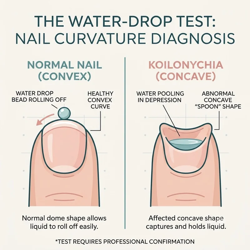 Water-drop test infographic showing a water bead rolling off a convex nail and pooling on a concave nail with koilonychia