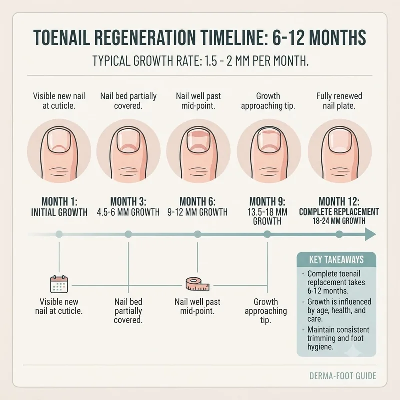 Toenail regrowth timeline graphic showing about 1.5 to 2 mm of new nail growth per month across roughly six to twelve months