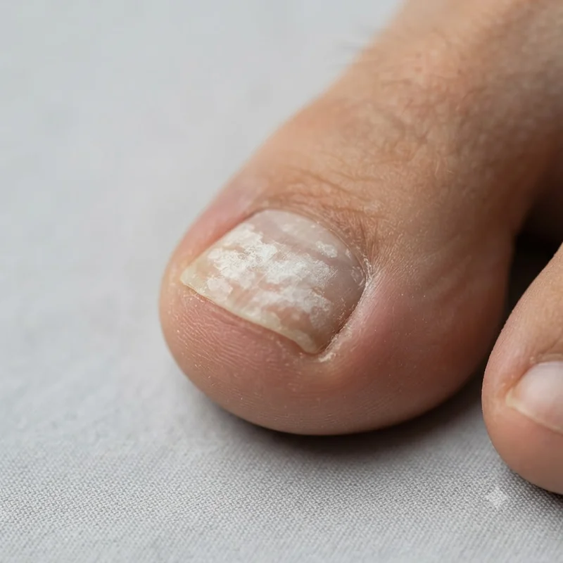 Chalky white islands merging across the surface of a bare toenail, the early pattern of a surface-only fungal nail infection