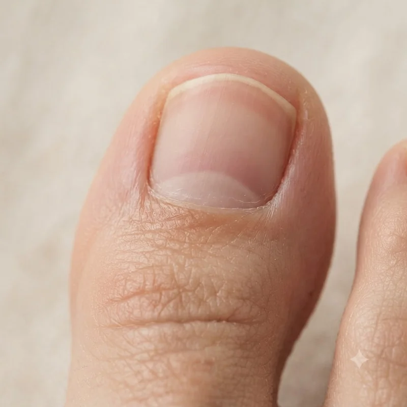 Signs toenail fungus is healing show as a clear pinkish band at the base of a natural, unpolished big toenail in soft light