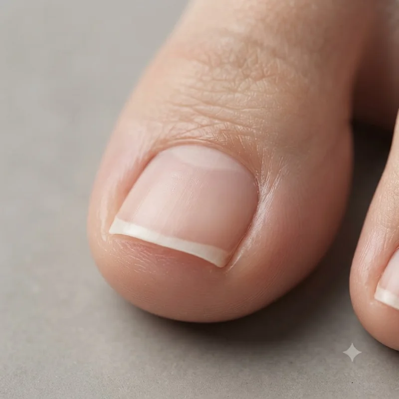 Smooth, clean, unpolished big toenail close-up showing what healthy new toenail growth looks like after fungal nail treatment