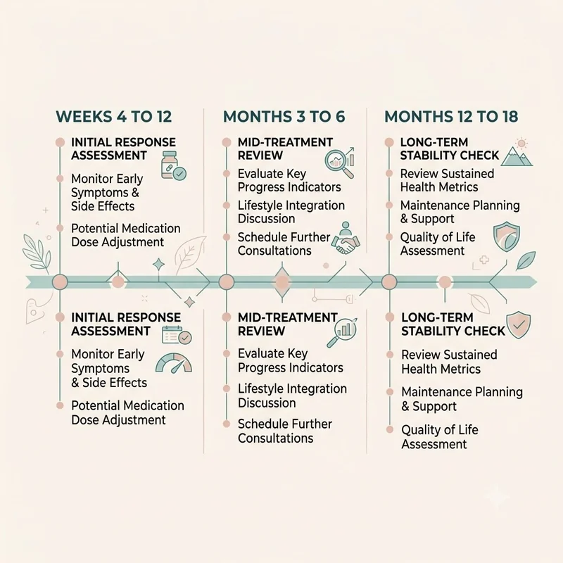 Toenail fungus treatment checkpoint timeline infographic showing weeks 4 to 12, months 3 to 6, and months 12 to 18 milestones