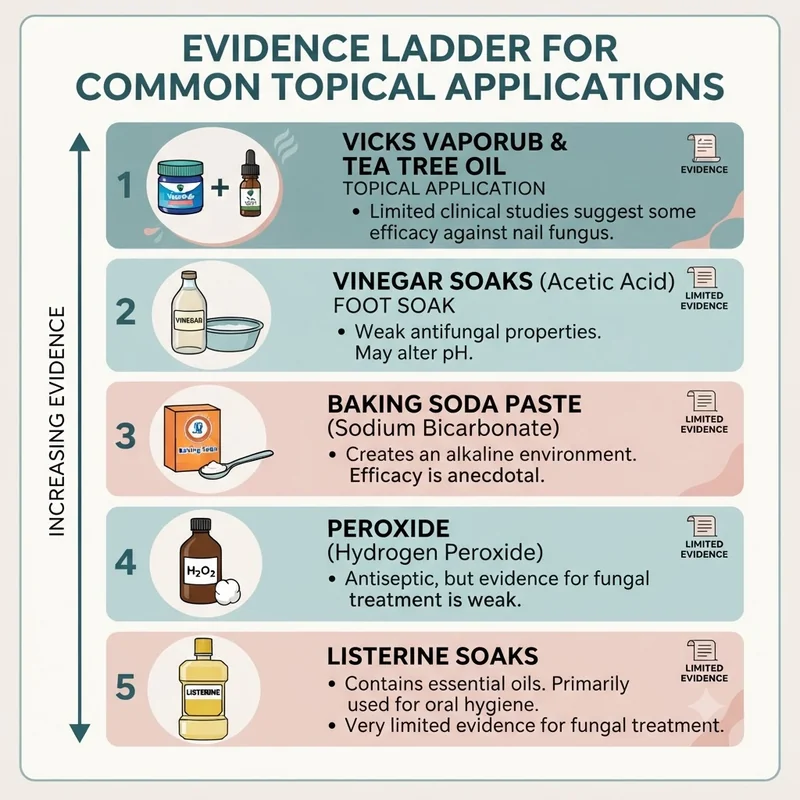 Evidence ladder infographic ranking Vicks VapoRub and tea tree oil above vinegar, baking soda, peroxide, and Listerine soaks