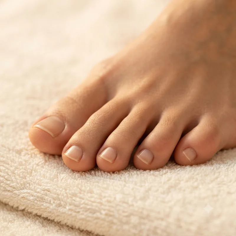 Well-groomed healthy toenails resting on a soft towel in warm light, a gentle nail care routine for mild nail fungus at home