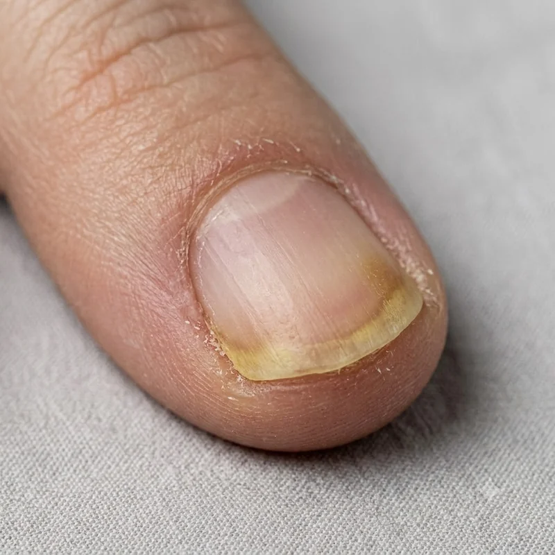 Fungal fingernail with yellow-brown discoloration at the tip and mild thickening, showing how nail fungus looks on hands