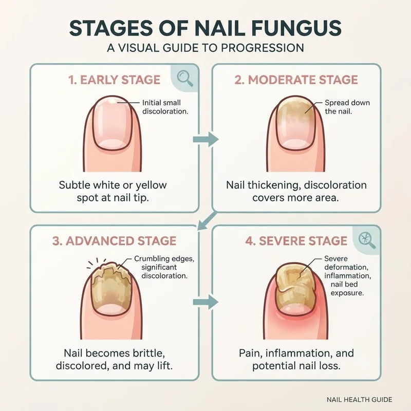 Four-stage nail fungus progression infographic labeling early, moderate, advanced, and severe visual signs of a fungal nail