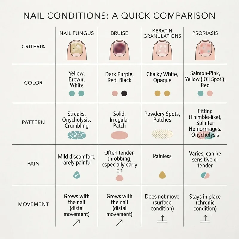 Comparison infographic of nail fungus, bruise, keratin granulations, and psoriasis by color, pattern, pain, and movement