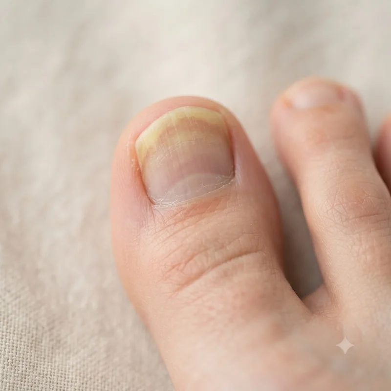 Yellow-white nail fungus discoloration spreading from the toenail tip toward the cuticle on a bare nail in natural daylight