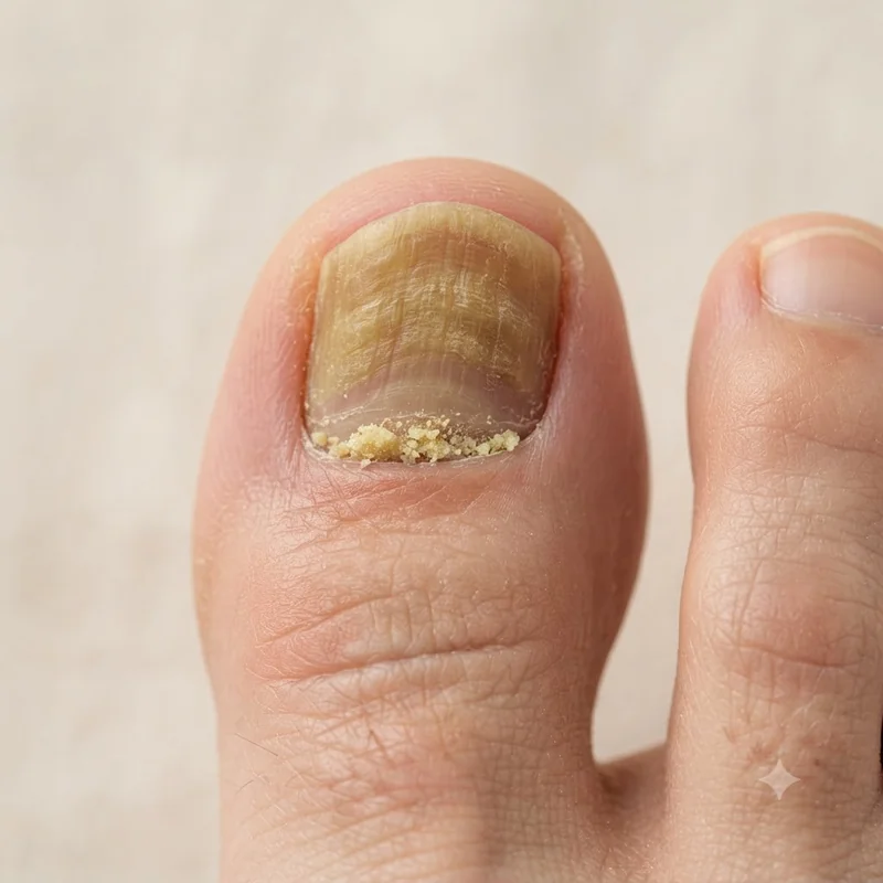 Thickened yellow-brown fungal toenail with crumbly debris packed under the nail edge, showing advanced nail fungus signs