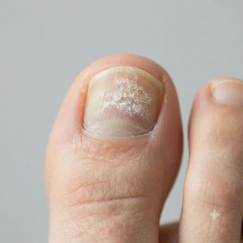 White chalky nail fungus patches with a powdery surface on a toenail, shown close up to help tell it from nail polish damage