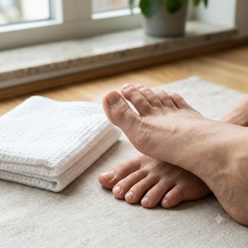 Bare healthy toenails in soft window light beside a folded cotton towel, a calm baseline photo to track nail regrowth monthly
