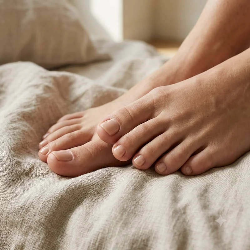 Smooth healthy toenails with sheer nude polish resting on linen, showing what a clear nail looks like once it grows out fully