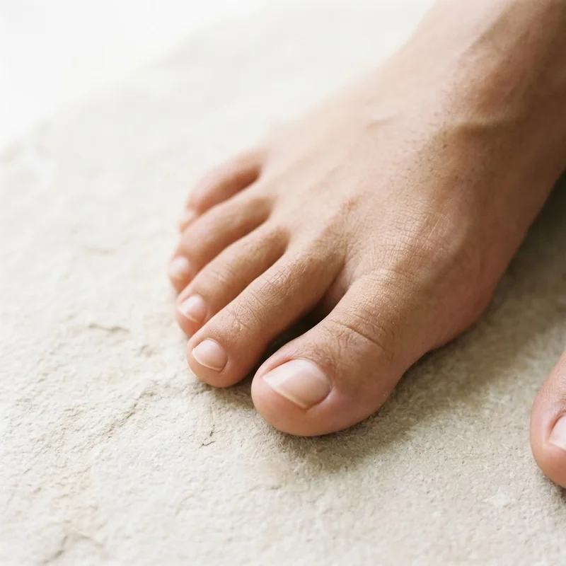 Short natural toenails with pale pink nail beds on a honed stone surface, the clear result after many months of treatment