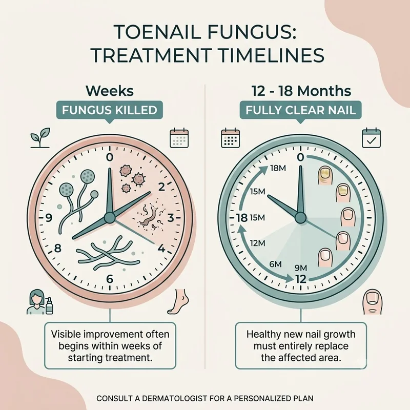 Infographic with two clocks showing toenail fungus dying within weeks while a fully clear nail takes 12 to 18 months to grow
