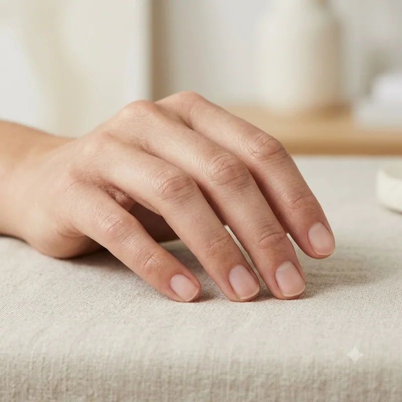 Bare matte natural fingernails with a hydrated, unpolished surface after a polish break following a gel manicure removal