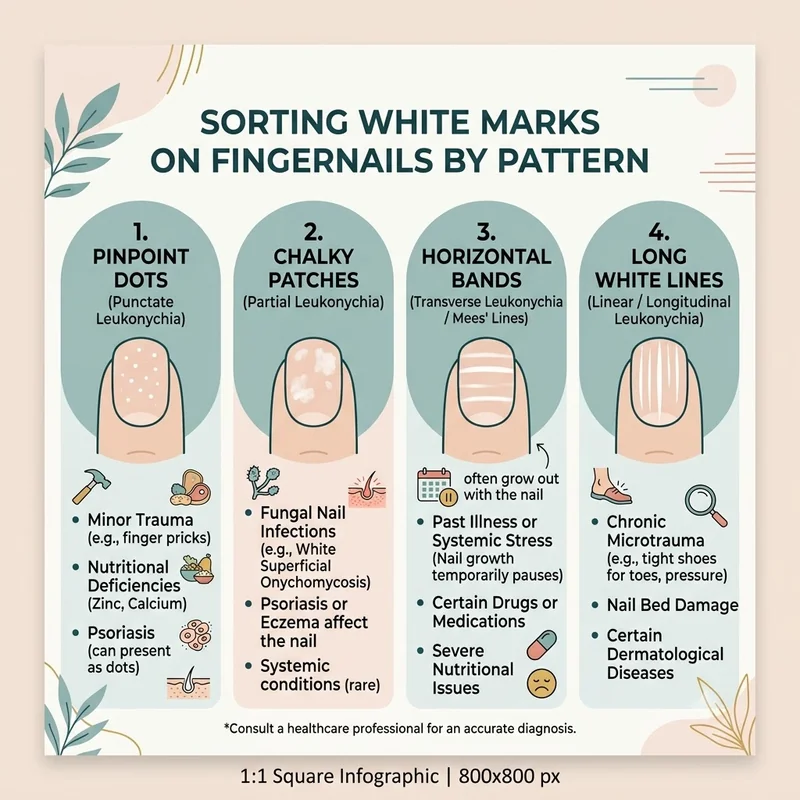 Chart sorting white marks on fingernails by pattern: pinpoint dots, chalky patches, horizontal bands, and long white lines