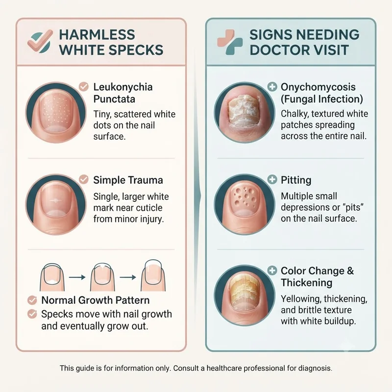 Two-column checklist graphic separating harmless white specks on fingernails from signs that need a doctor visit and check