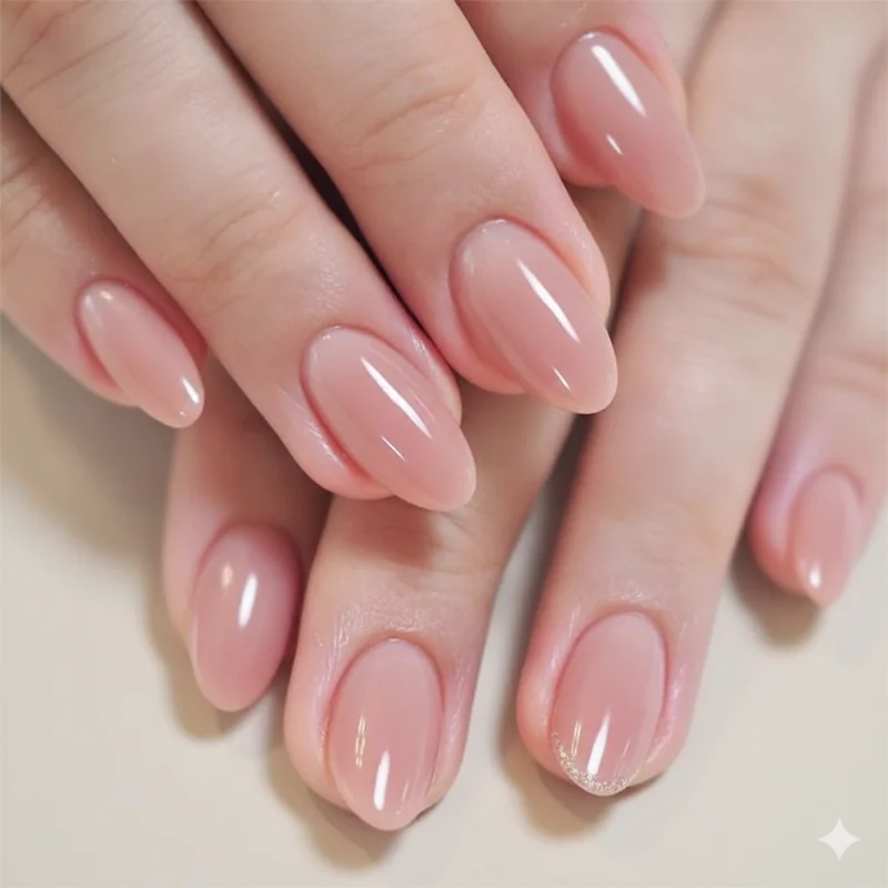 Oval nails on chubby fingers with soft pink nude gel finish in natural light showing gentle elongating curve 2026 manicure