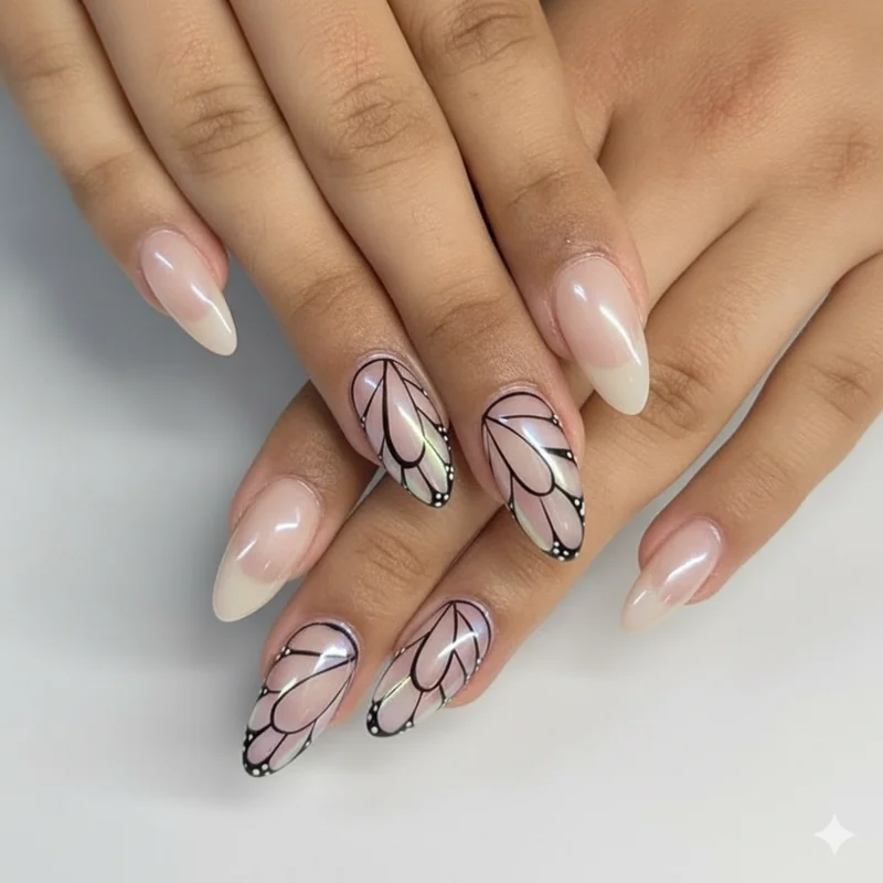 Almond nail shape styled on a wide nail bed at medium length with a nude polish finish