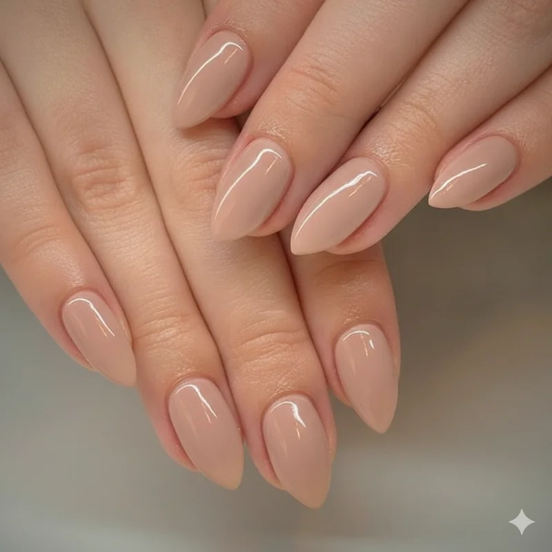 Oval nail shape on a wide nail bed showing a soft continuous taper with a glossy finish
