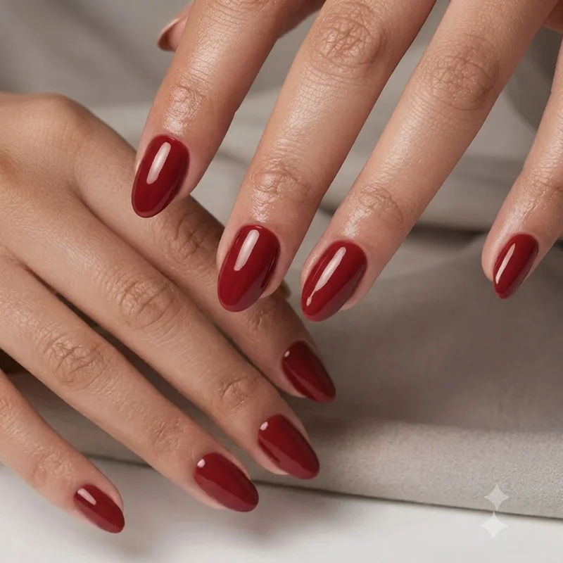 Red carpet inspired almond and squoval nail shape editorial manicure styling