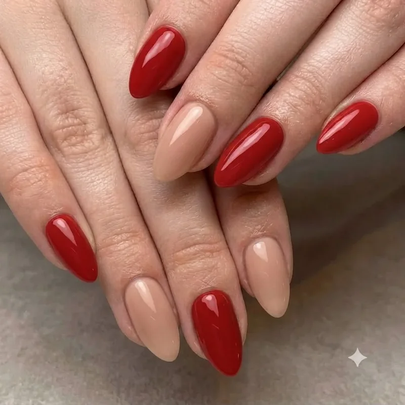 Short stiletto and almondletto nail shapes shown in a grid style editorial manicure shot