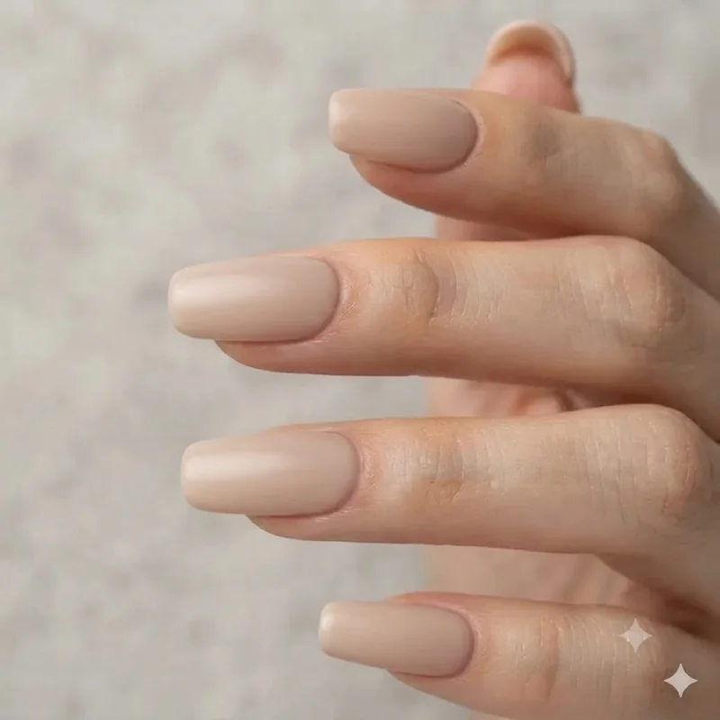 Close up of squoval nail shape manicure showing softened corners on a flat tip