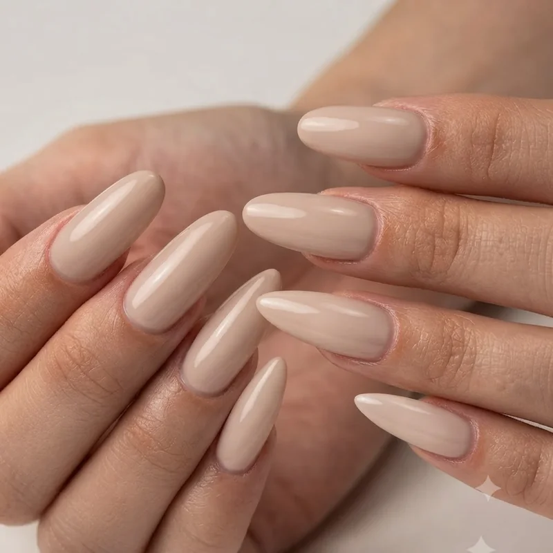 Neutral polished round manicure styled for a professional office workplace setting