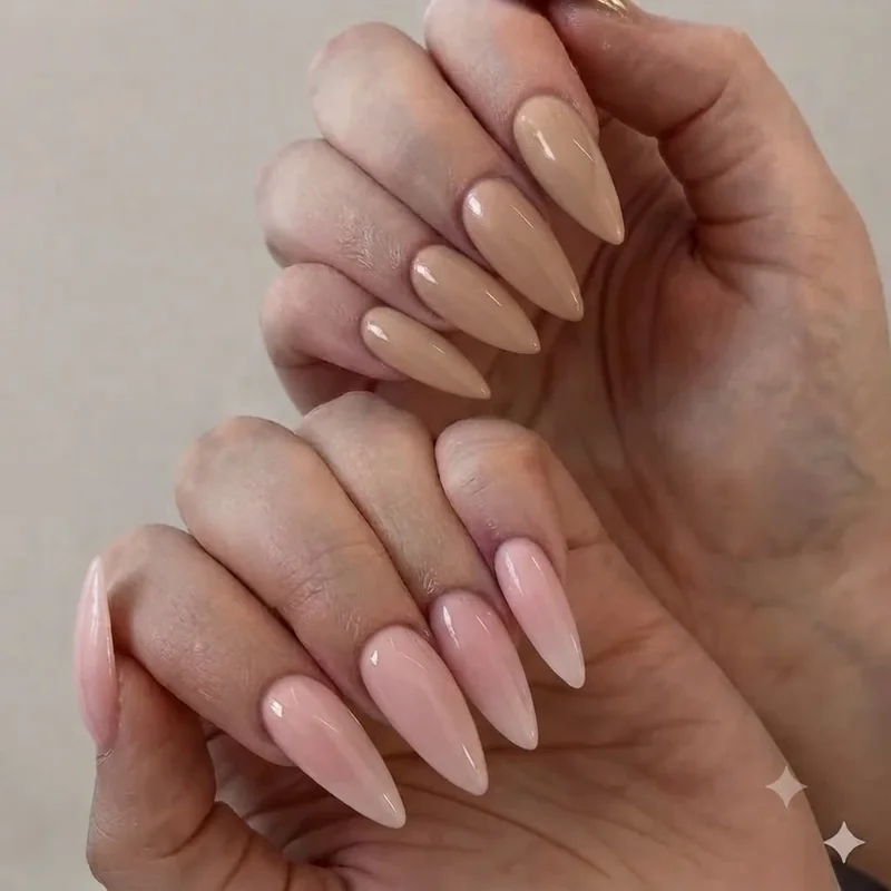 Round manicure next to square manicure on matching natural nail beds