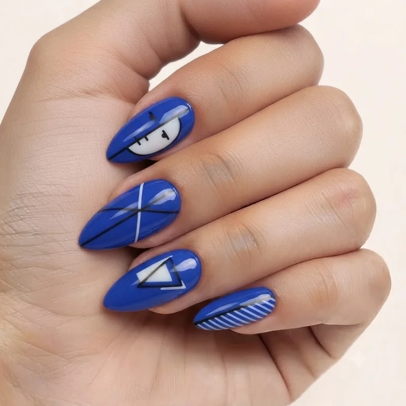 Bold colour nail art design on short stiletto nails in deep saturated editorial shade
