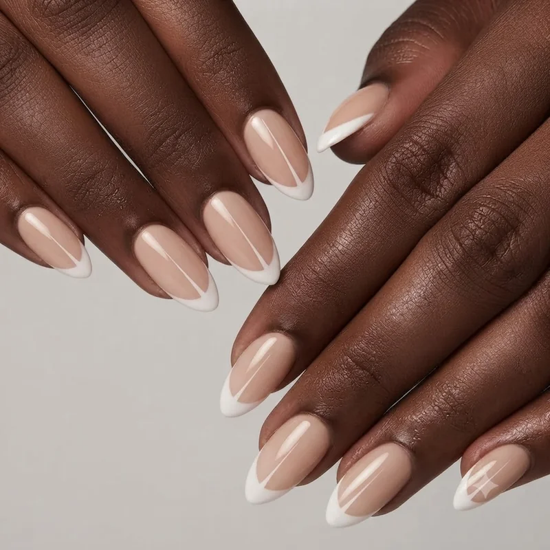 French tip evolution design on short stiletto nails with tapered pointed accent line