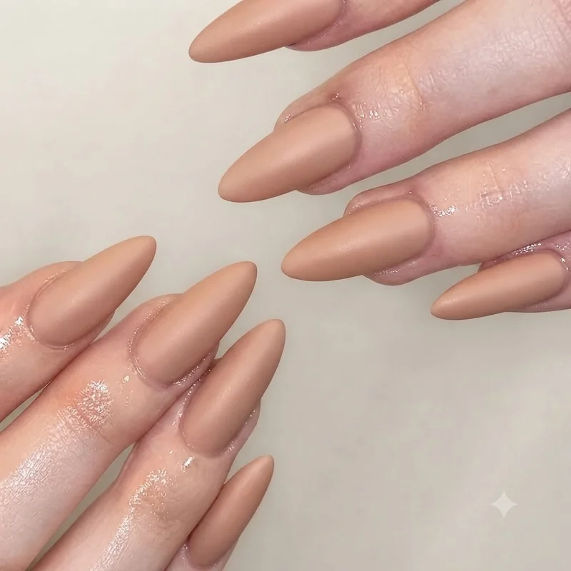 Short stiletto nails length compared against fingertip showing 8 to 10mm scale reference