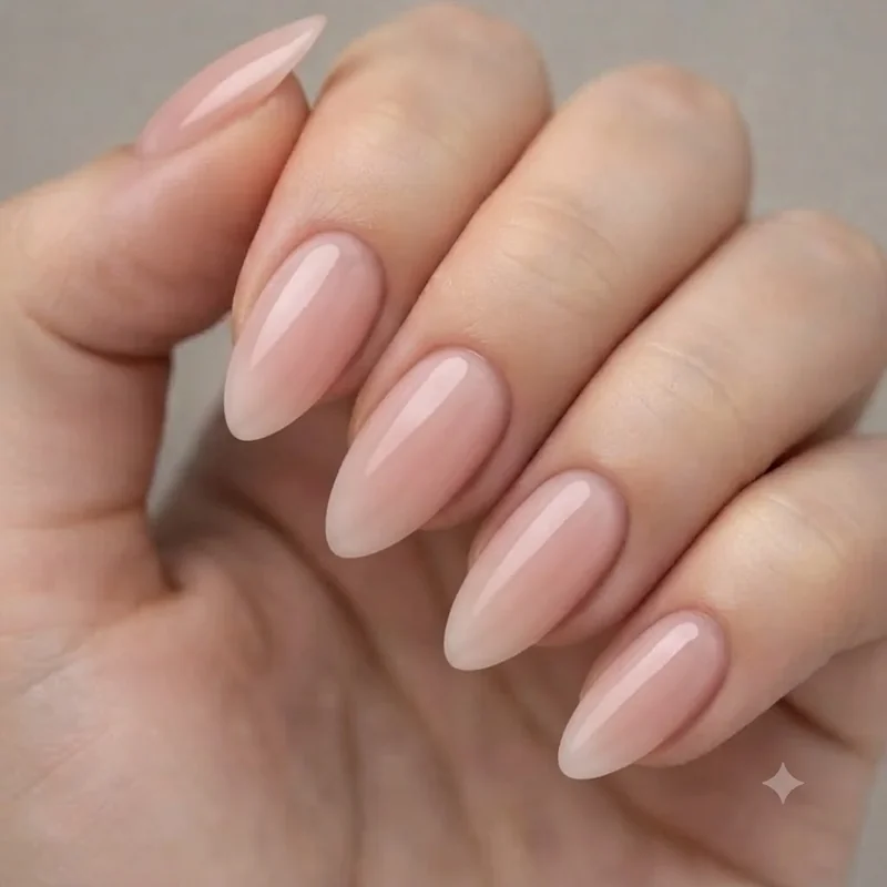 Natural nail short stiletto set with minimal design showing feasibility on medium nail beds