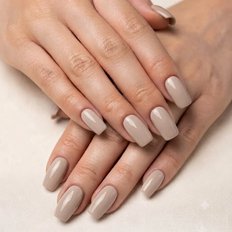 Squoval nails shown in everyday use typing and holding a coffee cup to show real durability