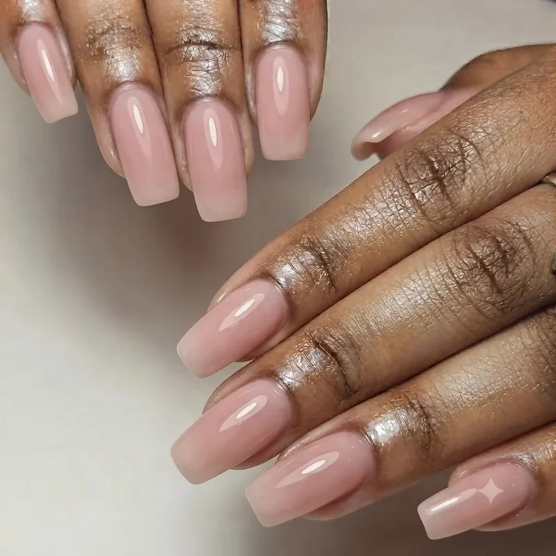 Squoval nails on wider nail beds with softly rounded corners and neutral polish for a balanced silhouette